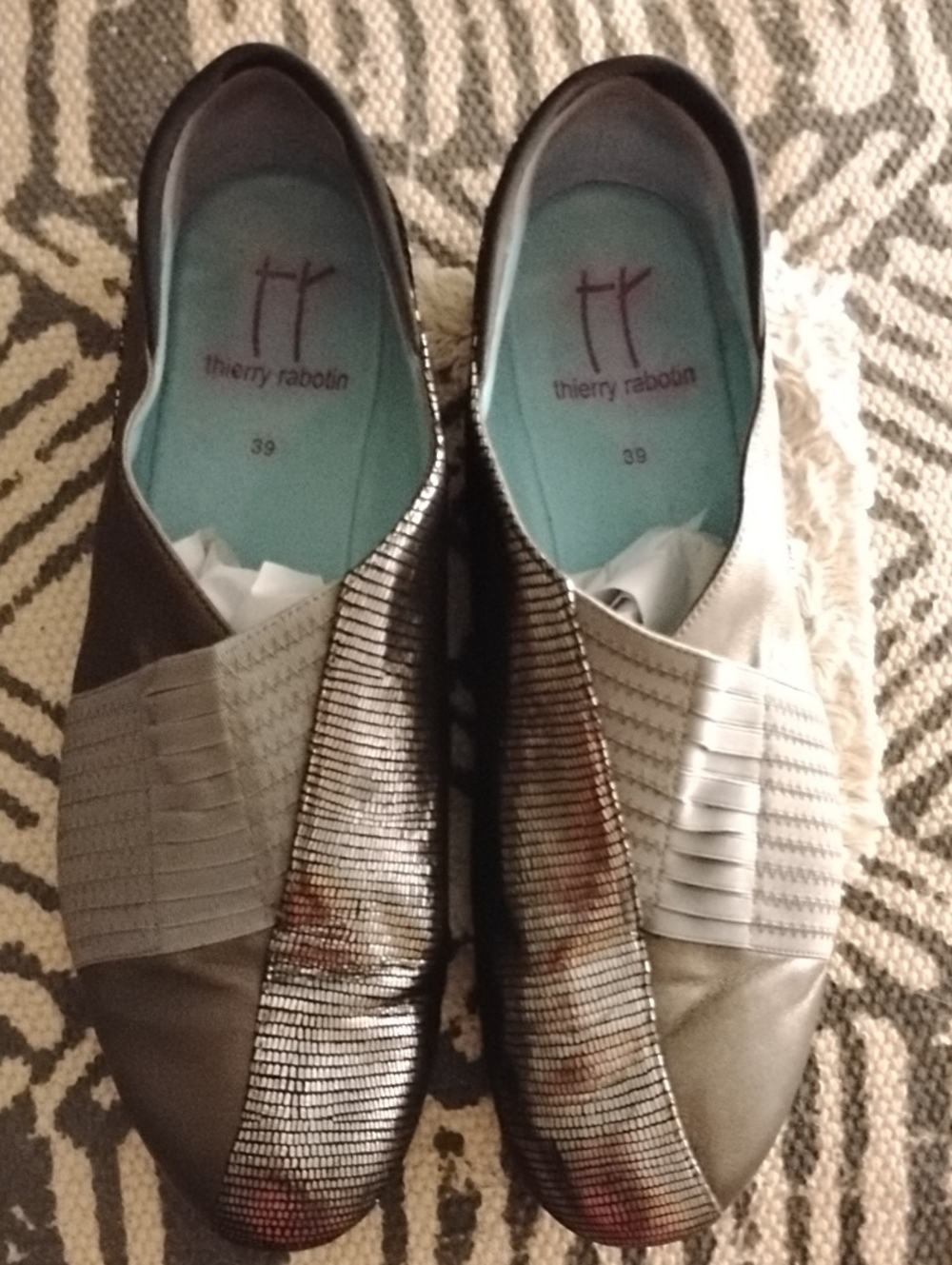 Thierry Rabotin Metallic Pewter and Silver Slip-On Loafers 39. 8.5